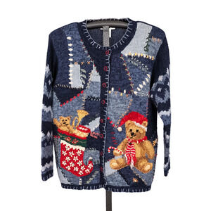 Vintage Holiday Cardigan Sweater Size LARGE Christmas Teddy Bear Patchwork Ramie